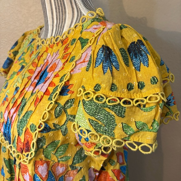 SALE! New FARM Rio Top XS Gold Yellow Floral Embroid Blouse 100% Cotton Peasant - Picture 8 of 15